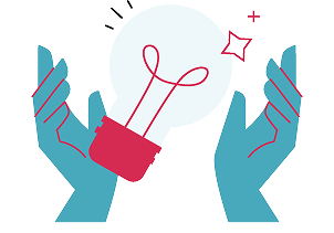 Illustrations of two hands around a lightbulb