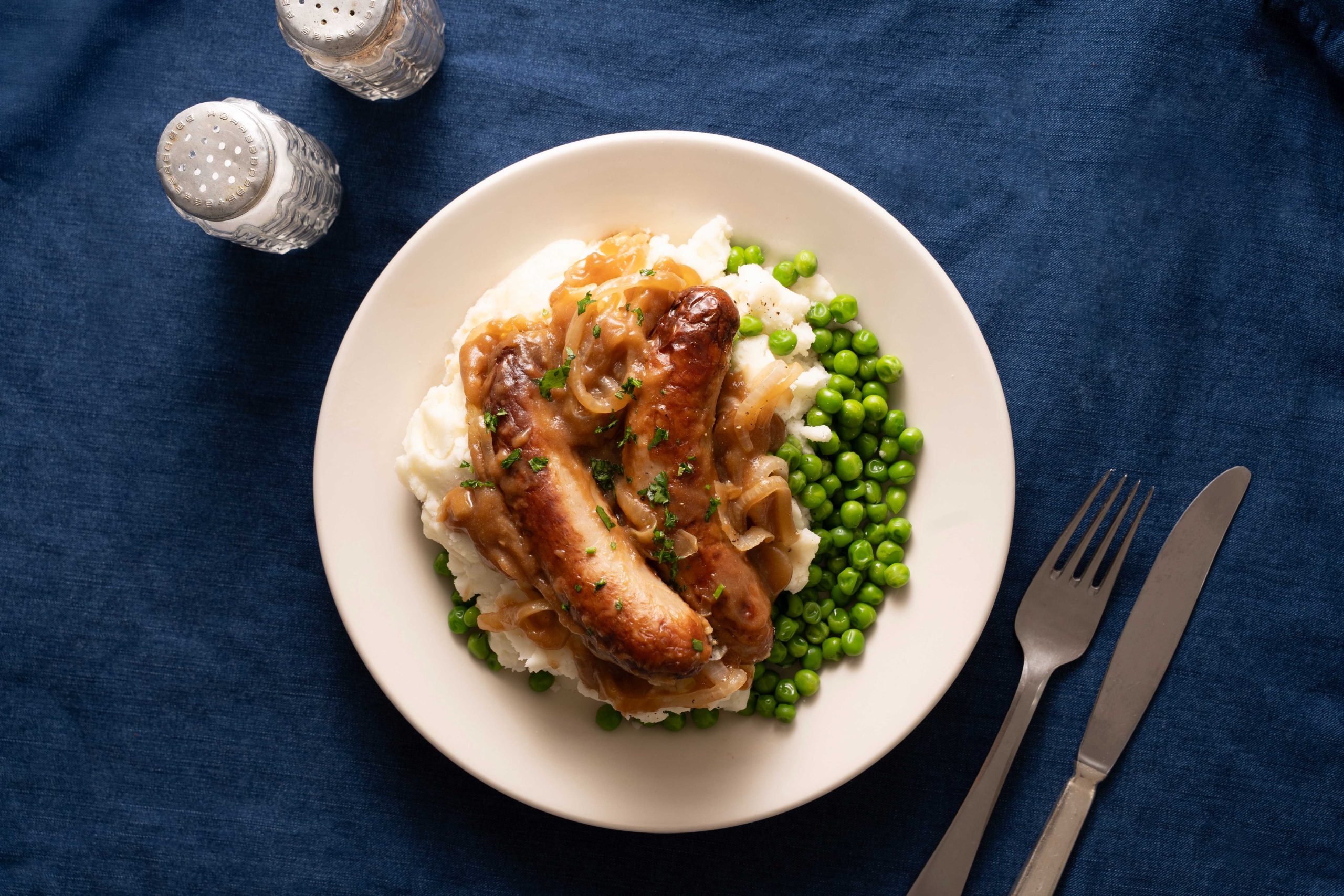 RJ Balson & Son British bangers and mash with onion gravy and peas — a 500-year family recipe