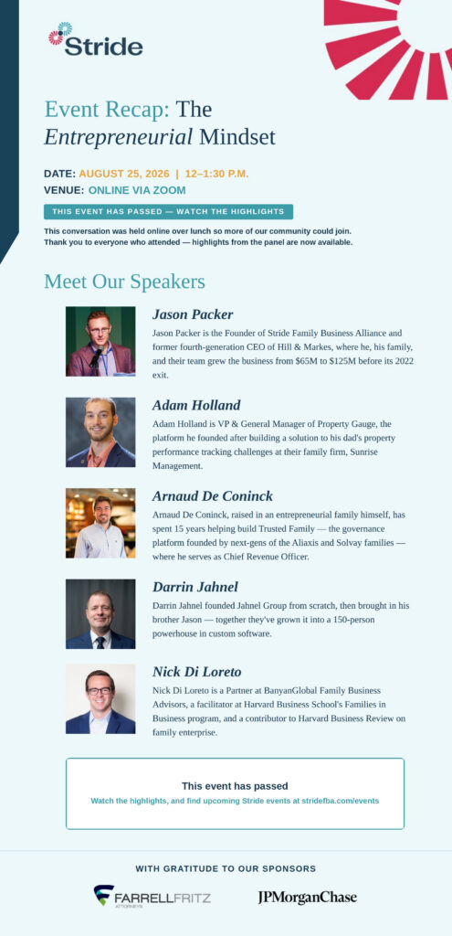 Stride event recap for The Entrepreneurial Mindset panel, held online via Zoom on August 25, 2026, with the five speakers