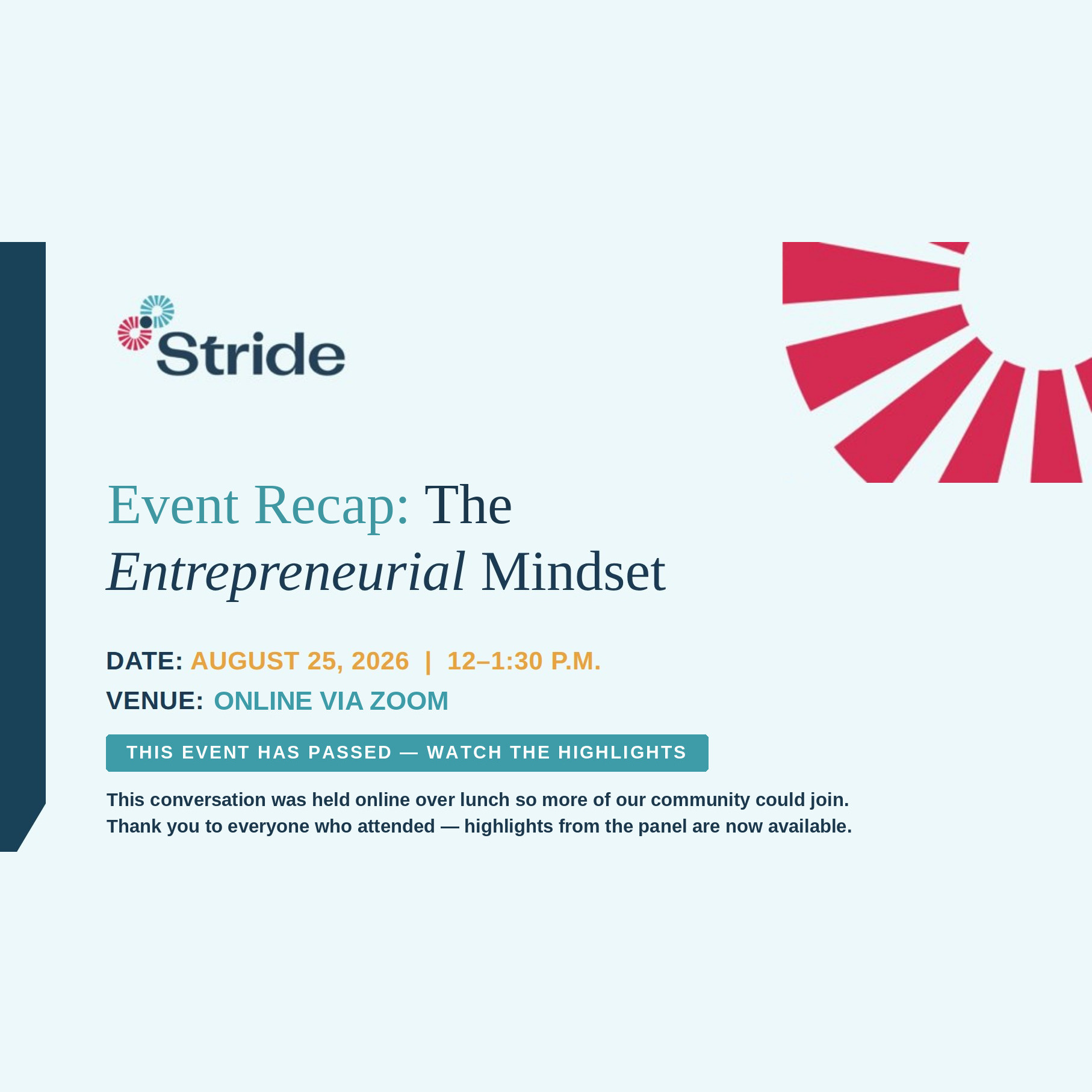 Event recap: The Entrepreneurial Mindset — Stride panel held online via Zoom on August 25, 2026